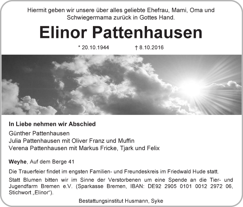 Traueranzeige von Elinor Pattenhausen von WESER-KURIER