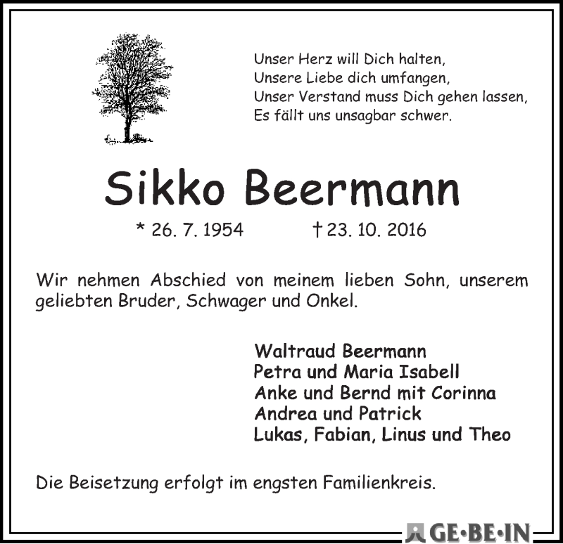 Traueranzeige von Sikko Beermann von WESER-KURIER