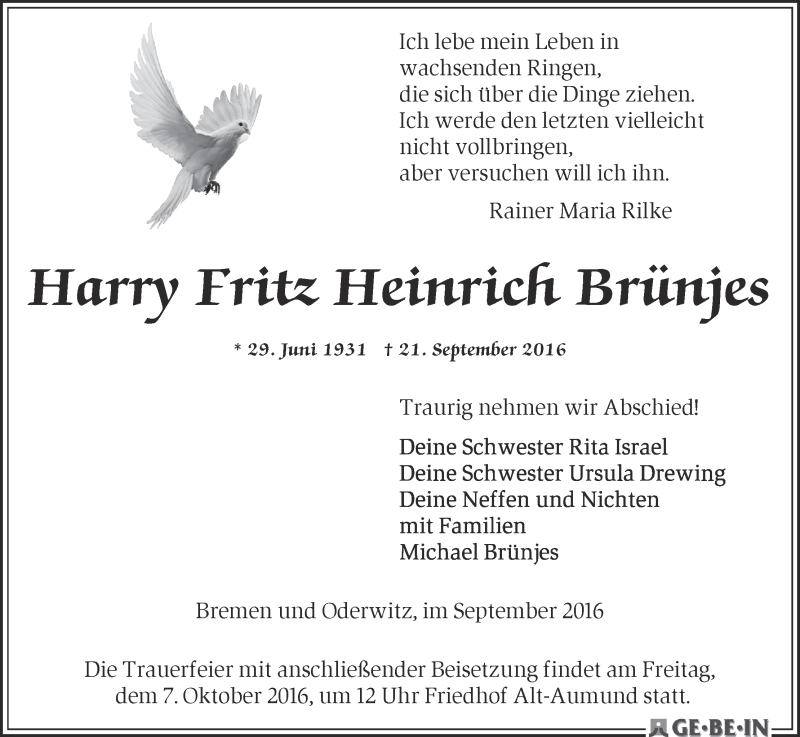 Traueranzeige von Harry Fritz Heinrich Brünjes von WESER-KURIER