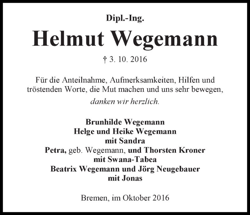 Traueranzeige von Helmut Wegemann von WESER-KURIER