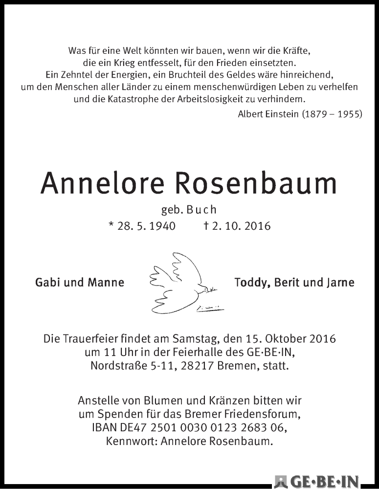 Traueranzeige von Annelore Rosenbaum von WESER-KURIER