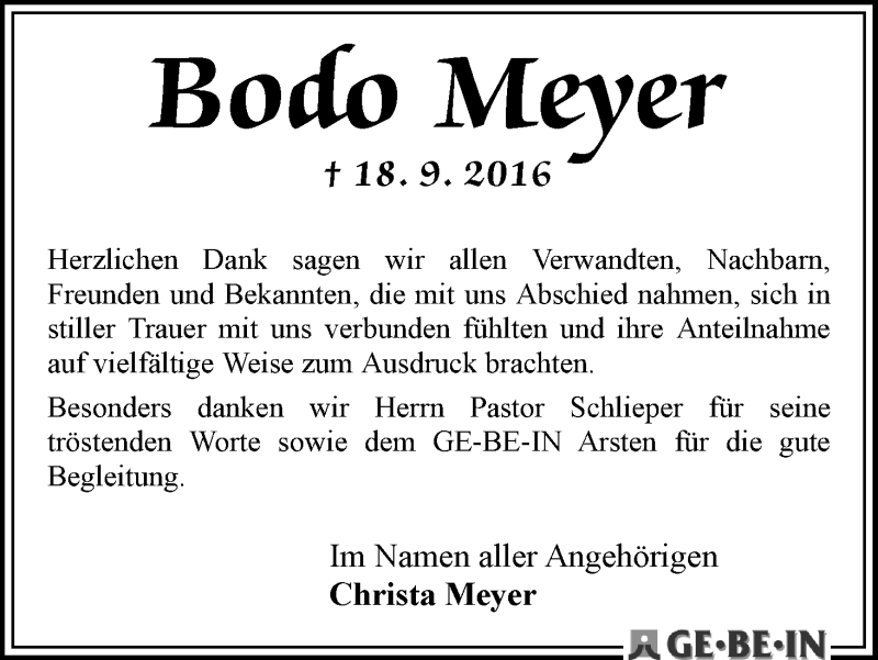Traueranzeige von Bodo Meyer von WESER-KURIER