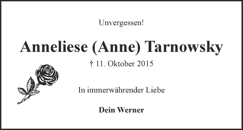 Traueranzeige von Anneliese Tarnowsky von WESER-KURIER
