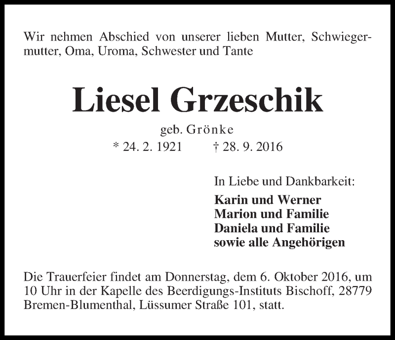 Traueranzeige von Liesel Grzeschik von Die Norddeutsche