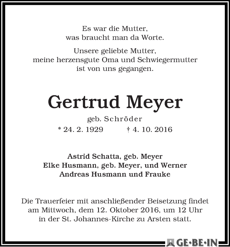 Traueranzeige von Gertrud Meyer von WESER-KURIER