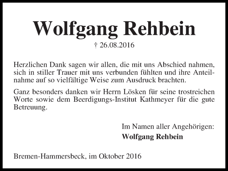 Traueranzeige von Wolfgang Rehbein von Die Norddeutsche