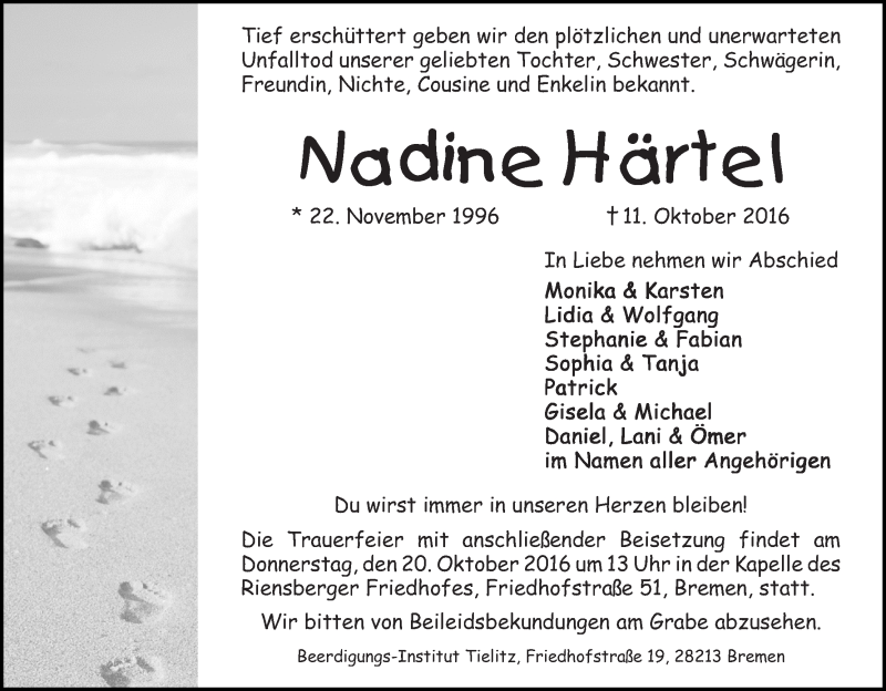 Traueranzeige von Nadine Härtel von WESER-KURIER