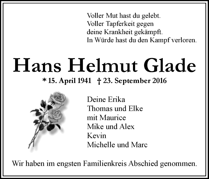 Traueranzeige von Hans Helmut Glade von WESER-KURIER
