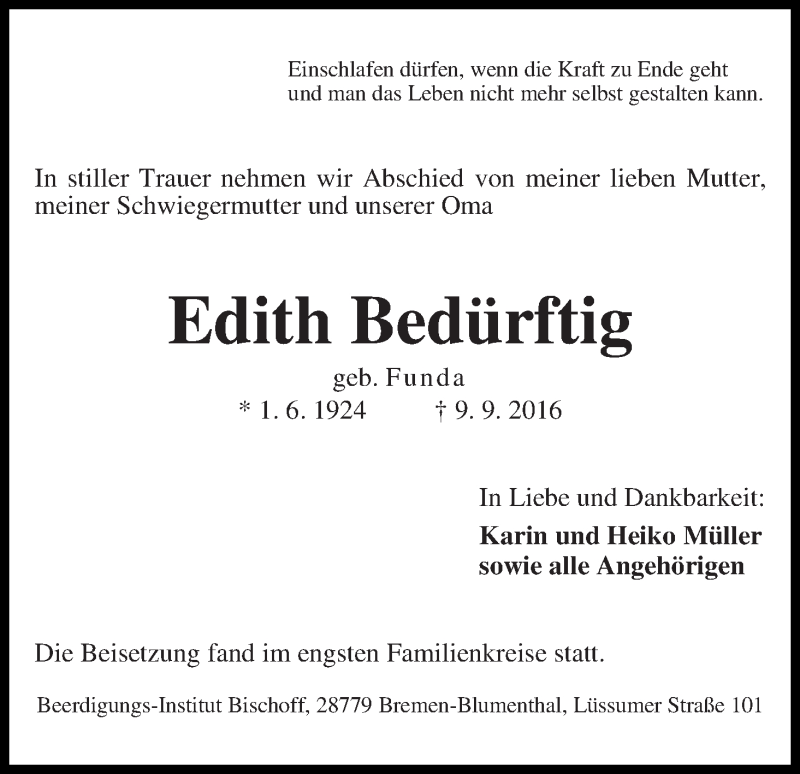 Traueranzeige von Edith Bedürftig von Die Norddeutsche