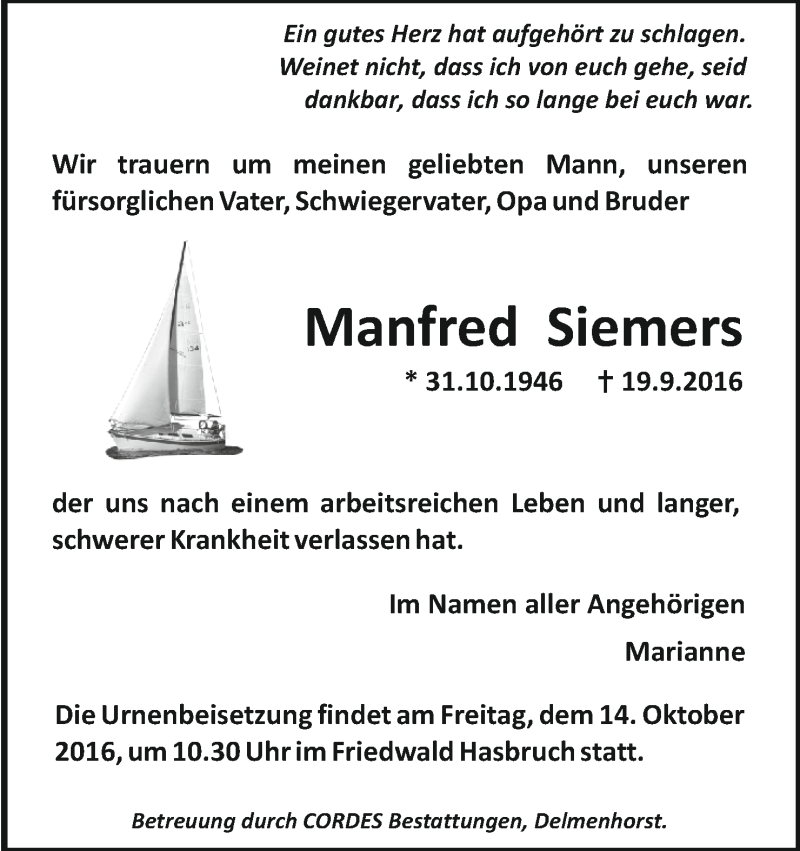 Traueranzeige von Manfred Siemers von WESER-KURIER