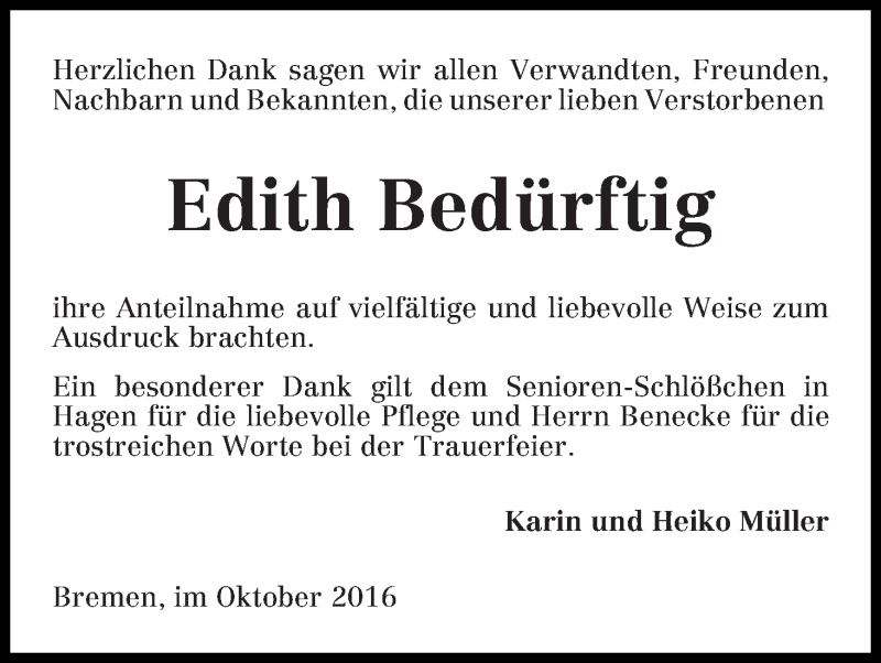 Traueranzeige von Edith Bedürftig von Die Norddeutsche