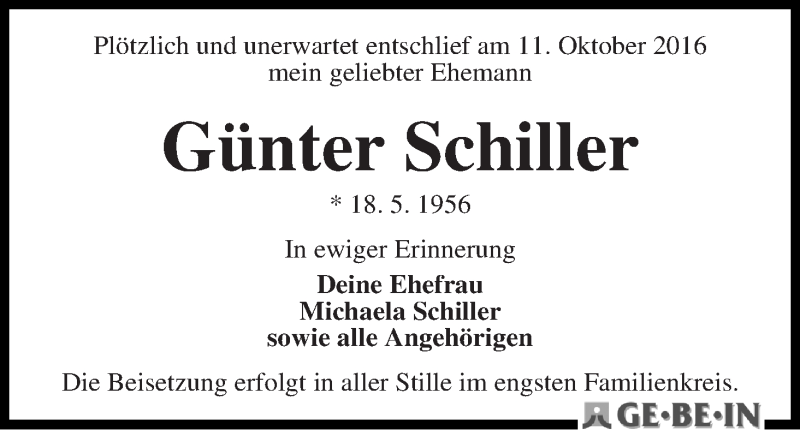 Traueranzeige von Günter Schiller von WESER-KURIER
