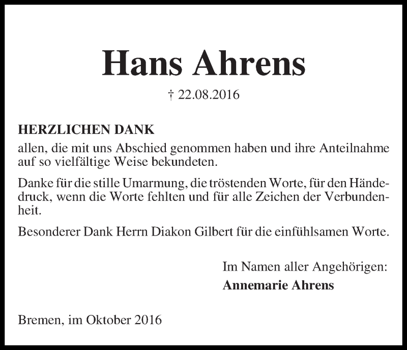 Traueranzeige von Hans Ahrens von Die Norddeutsche