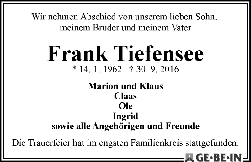 Traueranzeige von Frank Tiefensee von WESER-KURIER