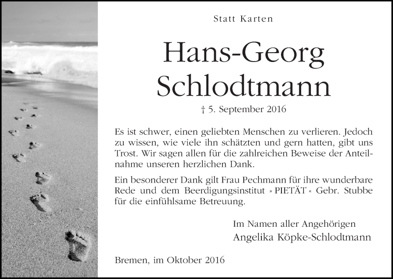 Traueranzeige von Hans-Georg Schlodtmann von WESER-KURIER