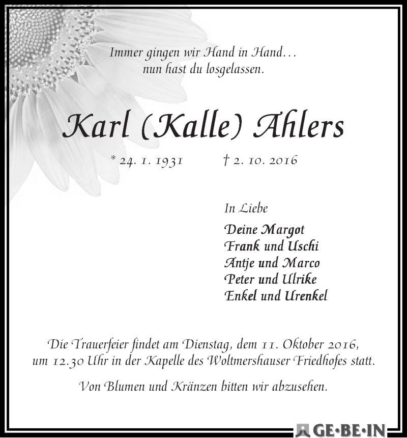 Traueranzeige von Karl (Kalle) Ahlers von WESER-KURIER