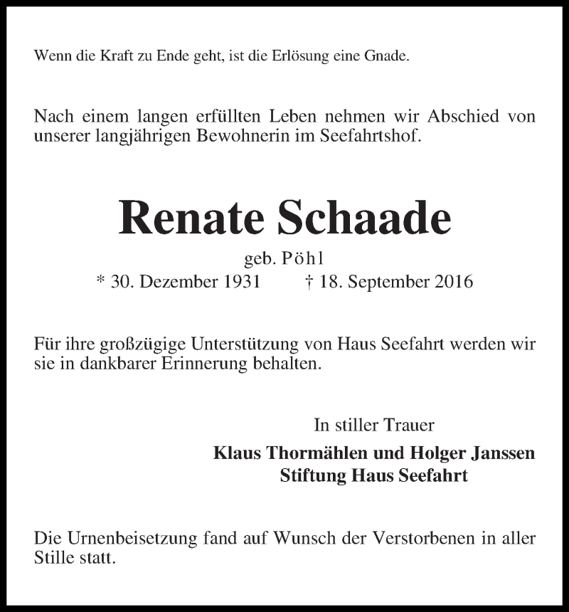 Traueranzeige von Renate Schaade von Die Norddeutsche