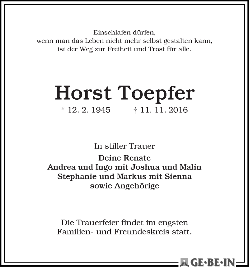 Traueranzeige von Horst Toepfer von WESER-KURIER