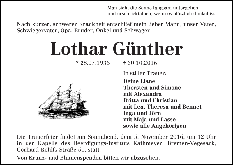 Traueranzeige von Lothar Günther von Die Norddeutsche