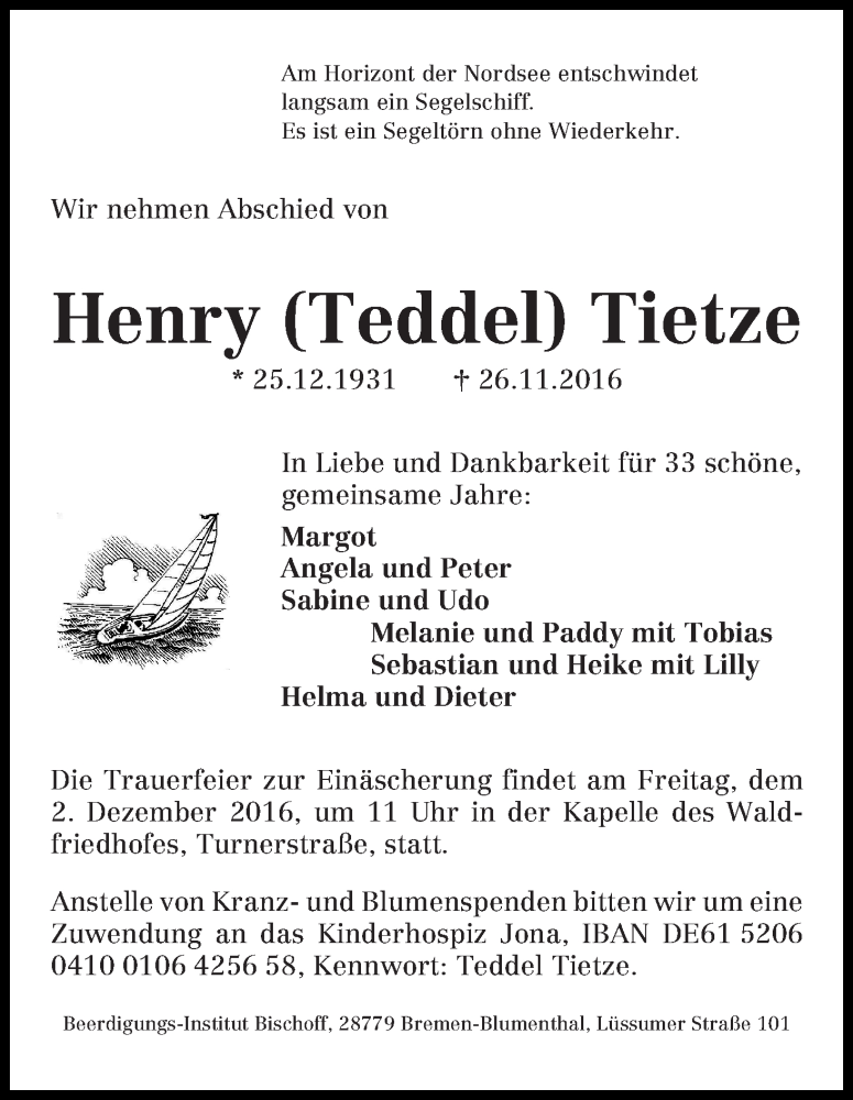 Traueranzeige von Henry (Teddel) Tietze von Die Norddeutsche
