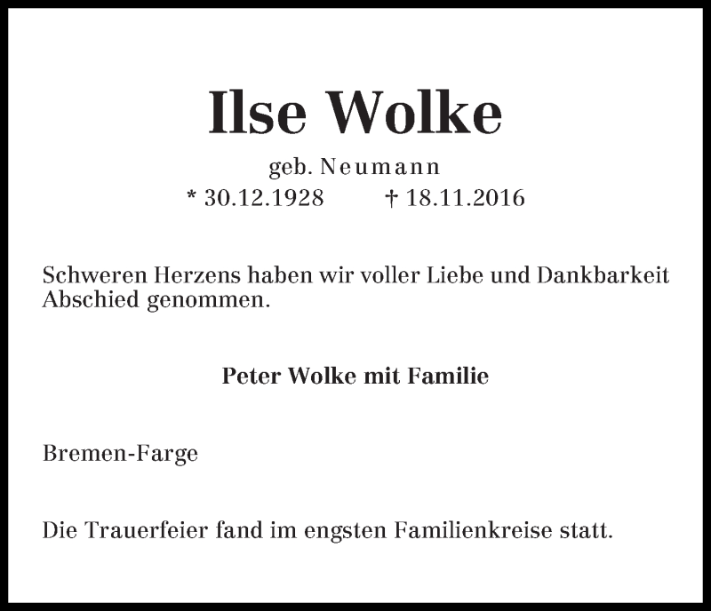 Traueranzeige von Ilse Wolke von Die Norddeutsche