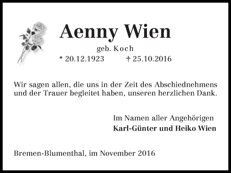 Traueranzeige von Aenny Wien von Die Norddeutsche