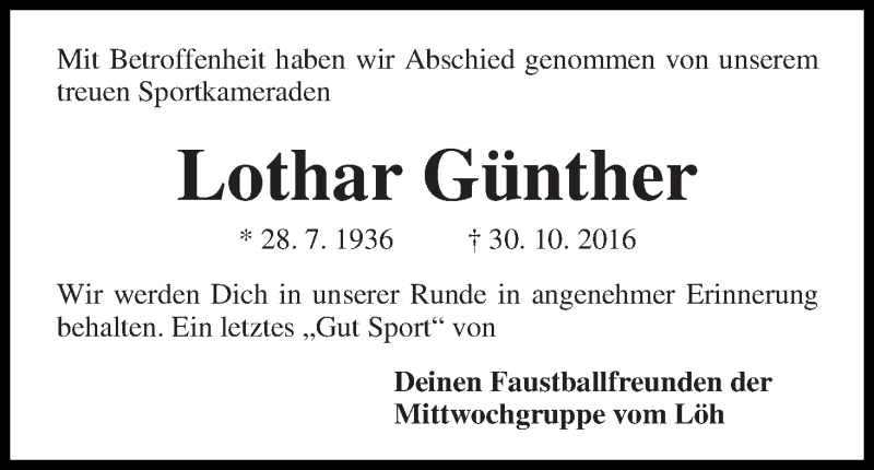Traueranzeige von Lothar Günther von Die Norddeutsche
