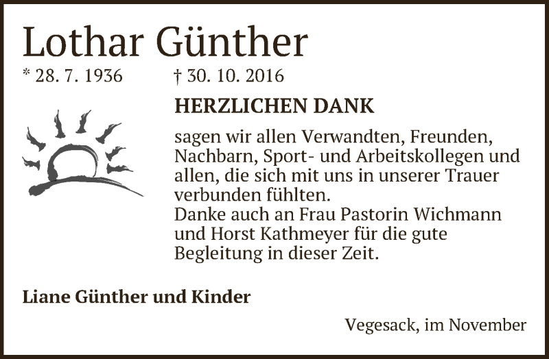 Traueranzeige von Lothar Günther von Die Norddeutsche