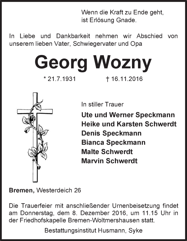Traueranzeige von Georg Wozny von WESER-KURIER