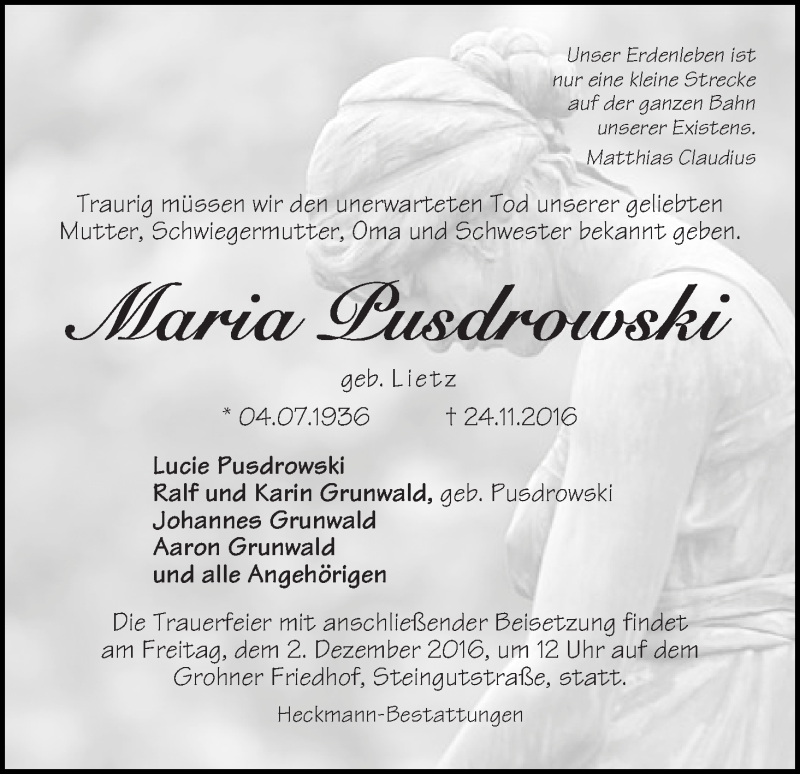 Traueranzeige von Maria Pusdrowski von Die Norddeutsche