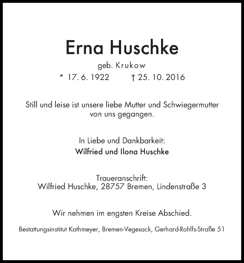 Traueranzeige von Erna Huschke von Die Norddeutsche