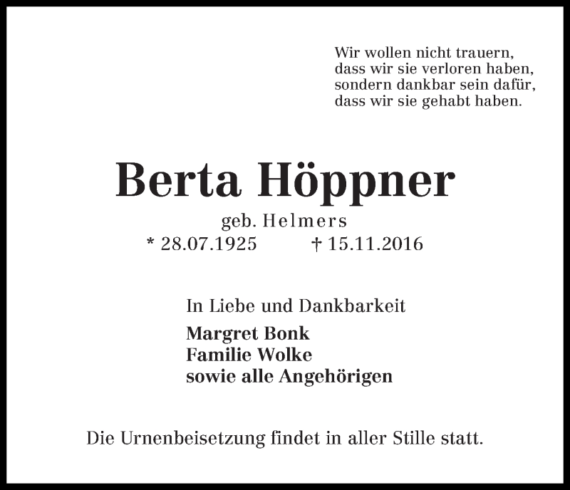 Traueranzeige von Berta Höppner von Die Norddeutsche