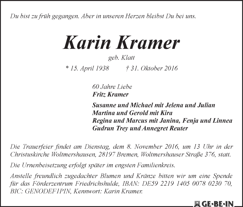 Traueranzeige von Karin Kramer von WESER-KURIER