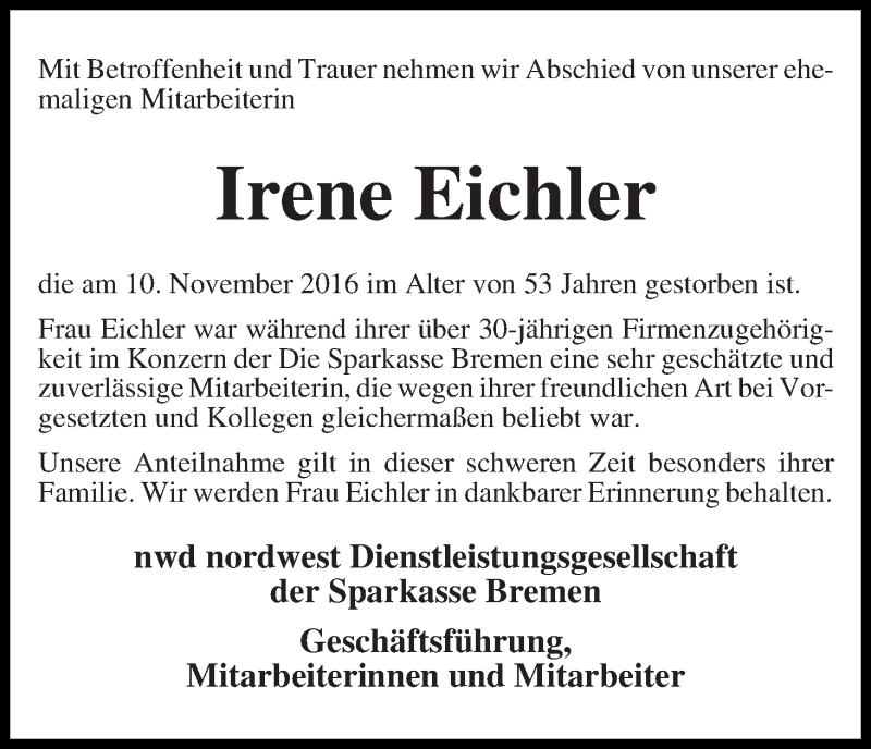 Traueranzeige von Irene Eichler von WESER-KURIER