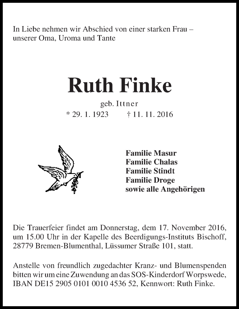 Traueranzeige von Ruth Finke von Die Norddeutsche