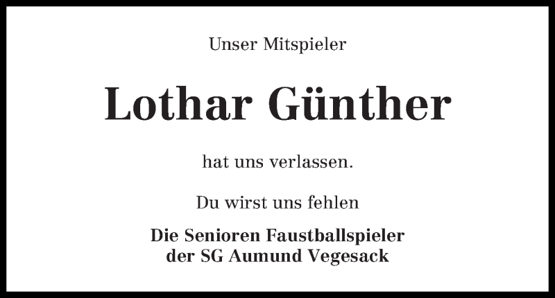 Traueranzeige von Lothar Günther von Die Norddeutsche