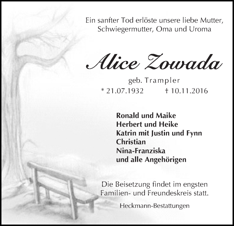 Traueranzeige von Alice Zowada von Die Norddeutsche