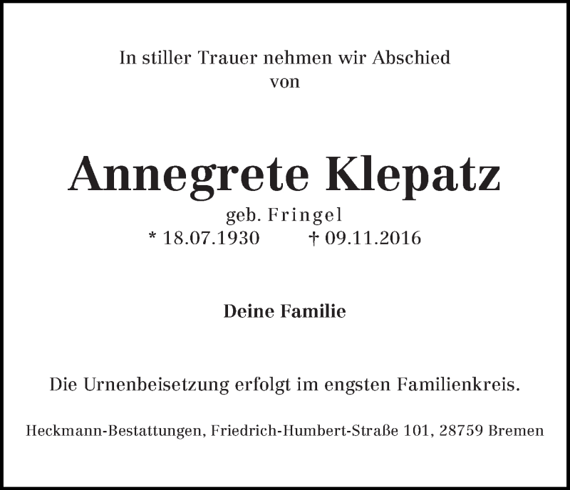 Traueranzeige von Annegrete Klepatz von Die Norddeutsche