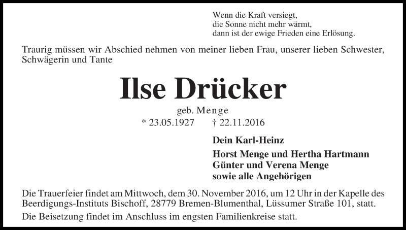Traueranzeige von Ilse Drücker von Die Norddeutsche