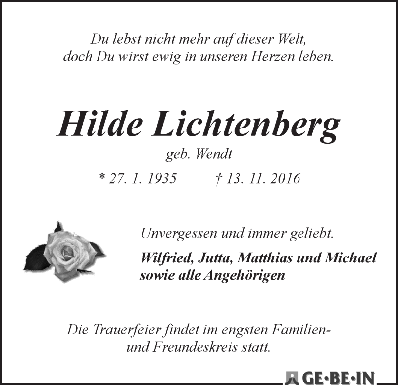 Traueranzeige von Hilde Lichtenberg von WESER-KURIER