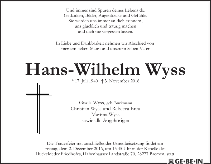 Traueranzeige von Hans-Wilhelm Wyss von WESER-KURIER