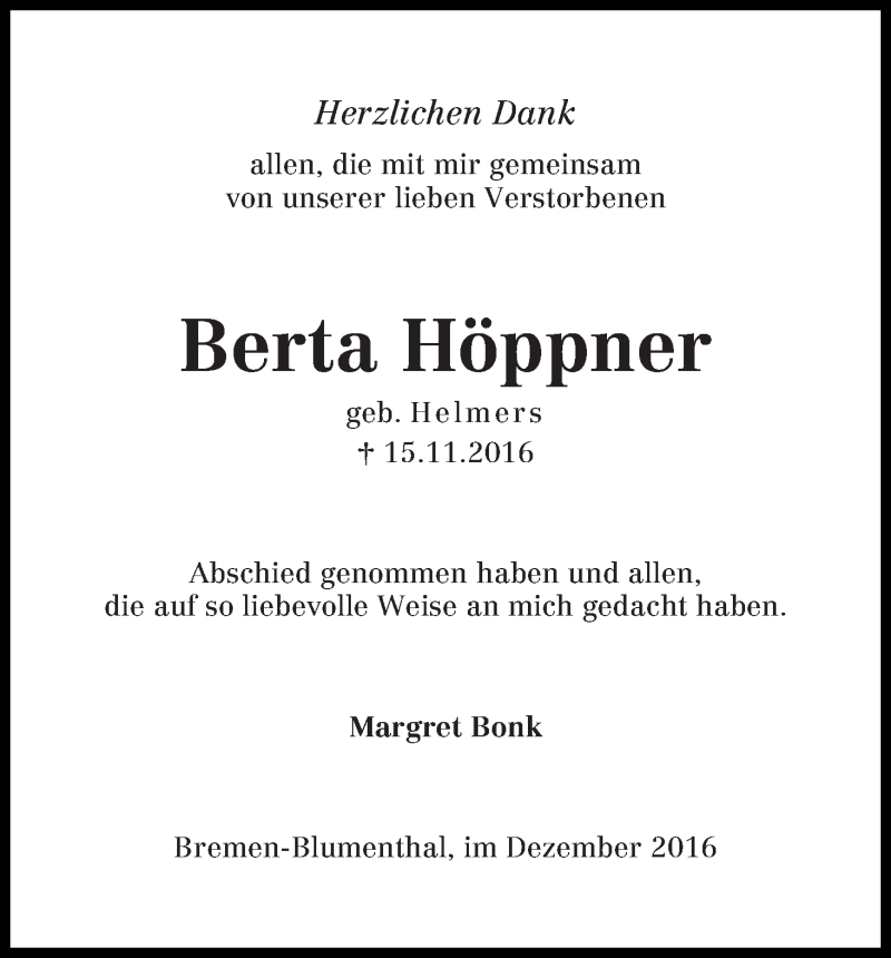 Traueranzeige von Berta Höppner von Die Norddeutsche
