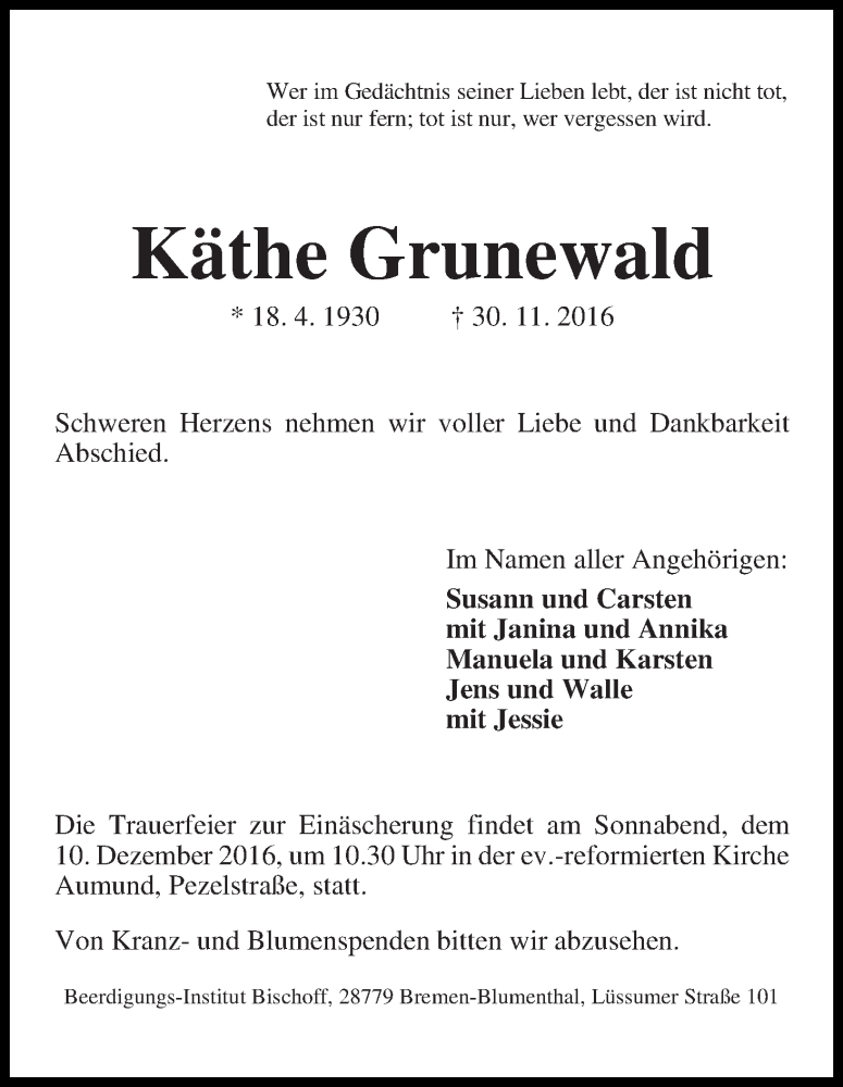 Traueranzeige von Käthe Grunewald von Die Norddeutsche