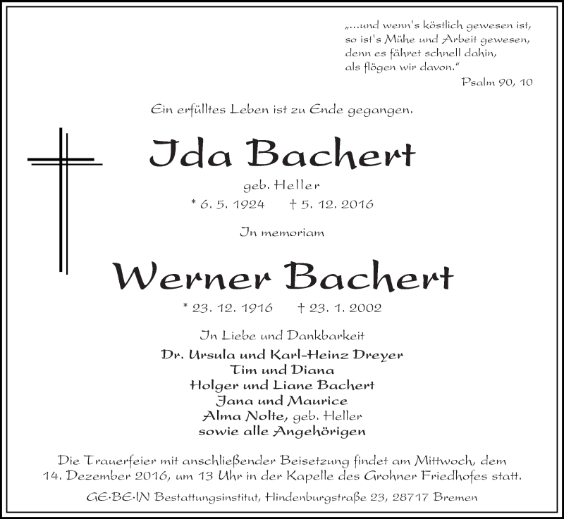 Traueranzeige von Ida und Werner Bachert von Die Norddeutsche