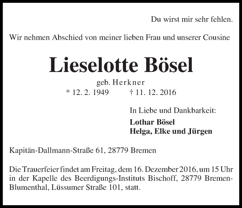Traueranzeige von Lieselotte Bösel von Die Norddeutsche