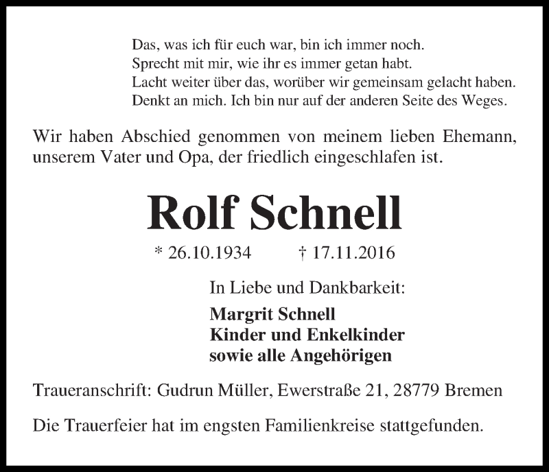 Traueranzeige von Rolf Schnell von Die Norddeutsche