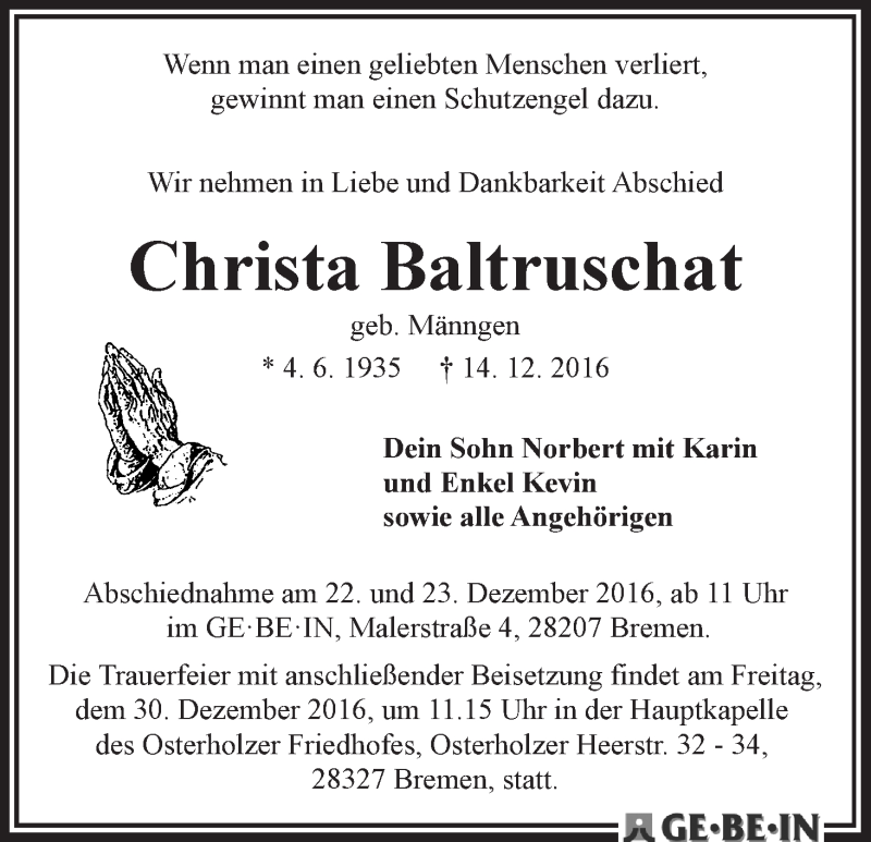 Traueranzeige von Christa Baltruschat von WESER-KURIER