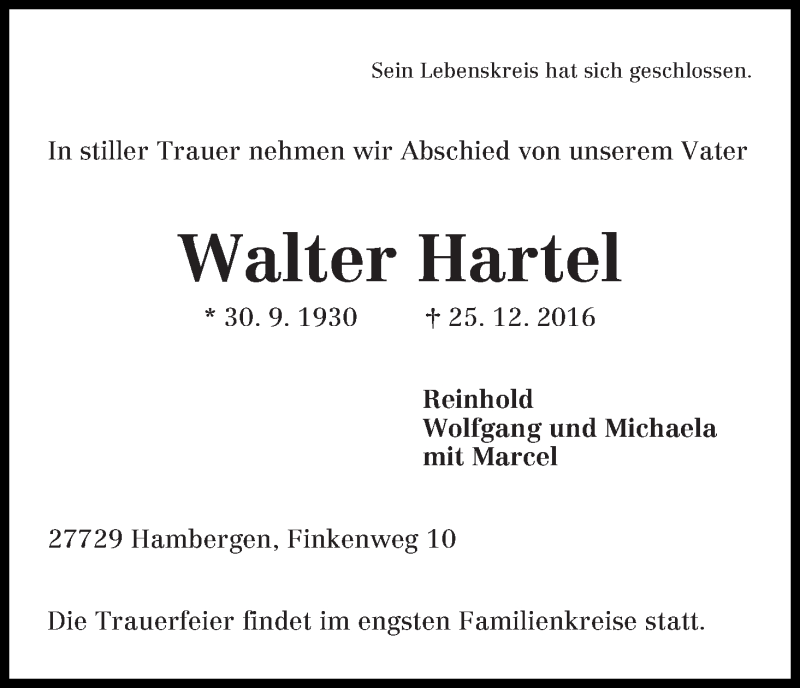 Traueranzeige von Walter Hartel von Osterholzer Kreisblatt