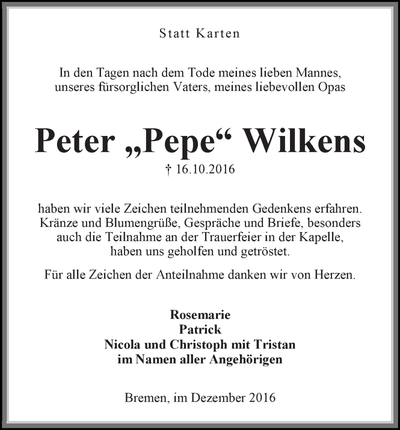 Traueranzeige von Peter Pepe Wilkens von WESER-KURIER