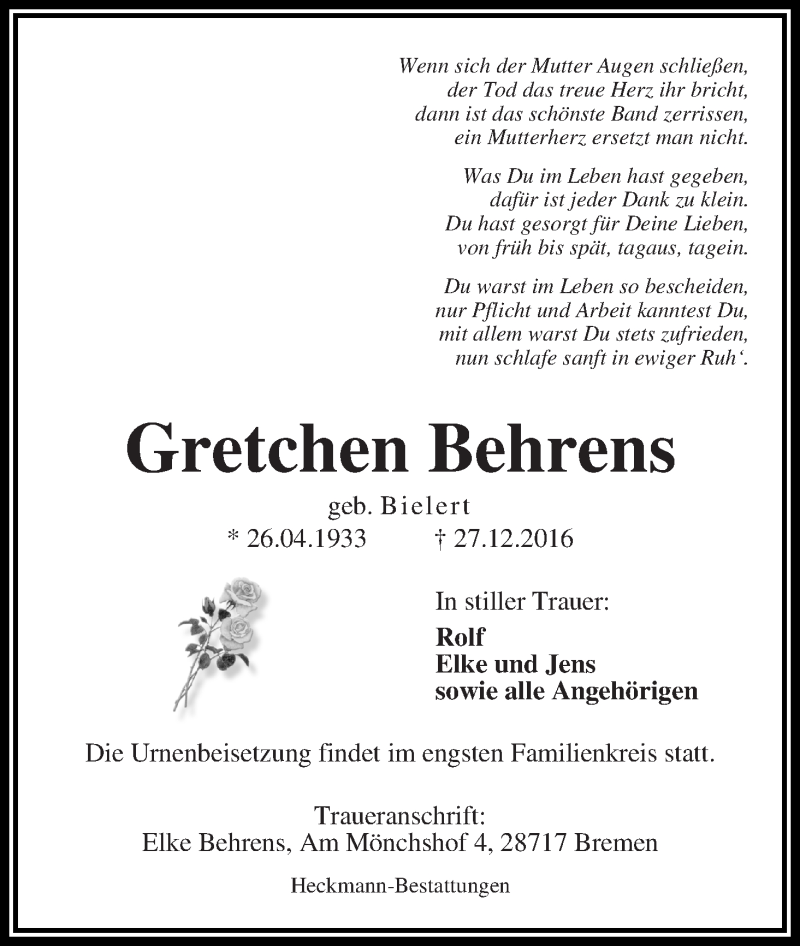 Traueranzeige von Gretchen Behrens von Die Norddeutsche